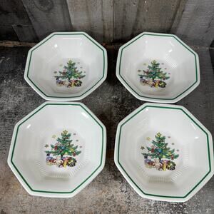 NIKKO Christmas Time Octagon Serving Bowls Set Of 4 Christmas Tree Presents 7"